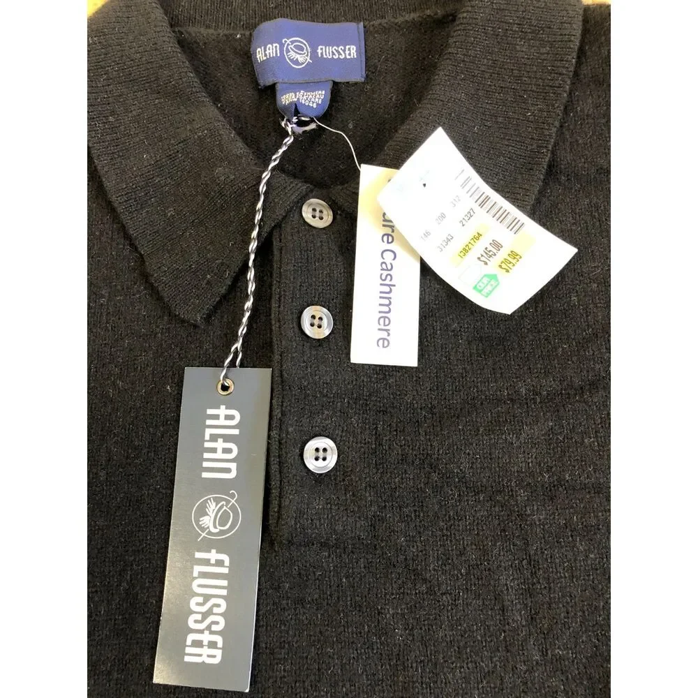 Vtg Y2K NWT Alan Flusser 100% Pure Cashmere Long Sleeve Polo Sweater Black Men M